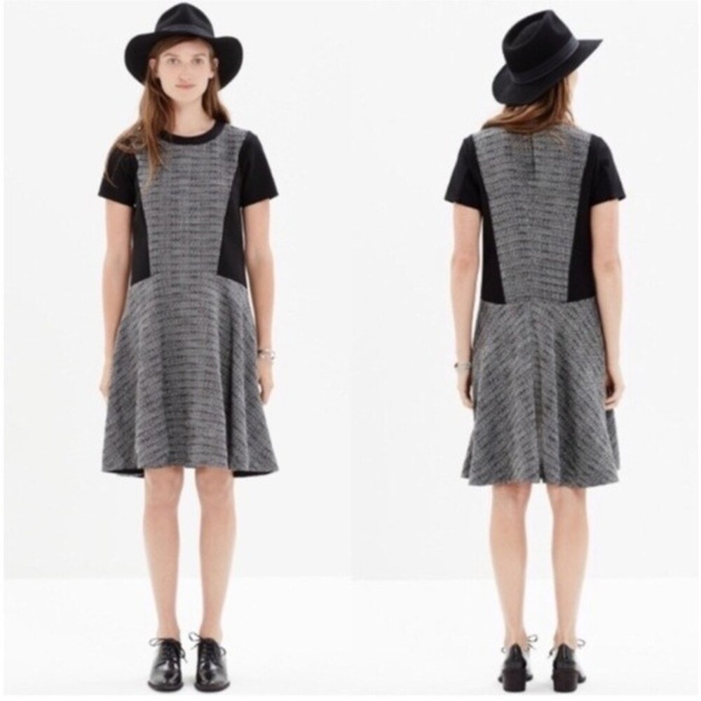 Madewell Textured Tribune Tweed and Black Color Block Short Sleeve Dress, Size 0